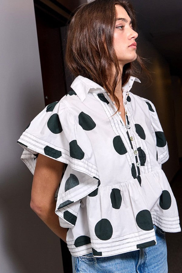 Ruffle Sleeves Pintuck Detail Polka Dot Top