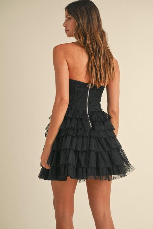Mesh Bow Cutout Tiered Mini Dress