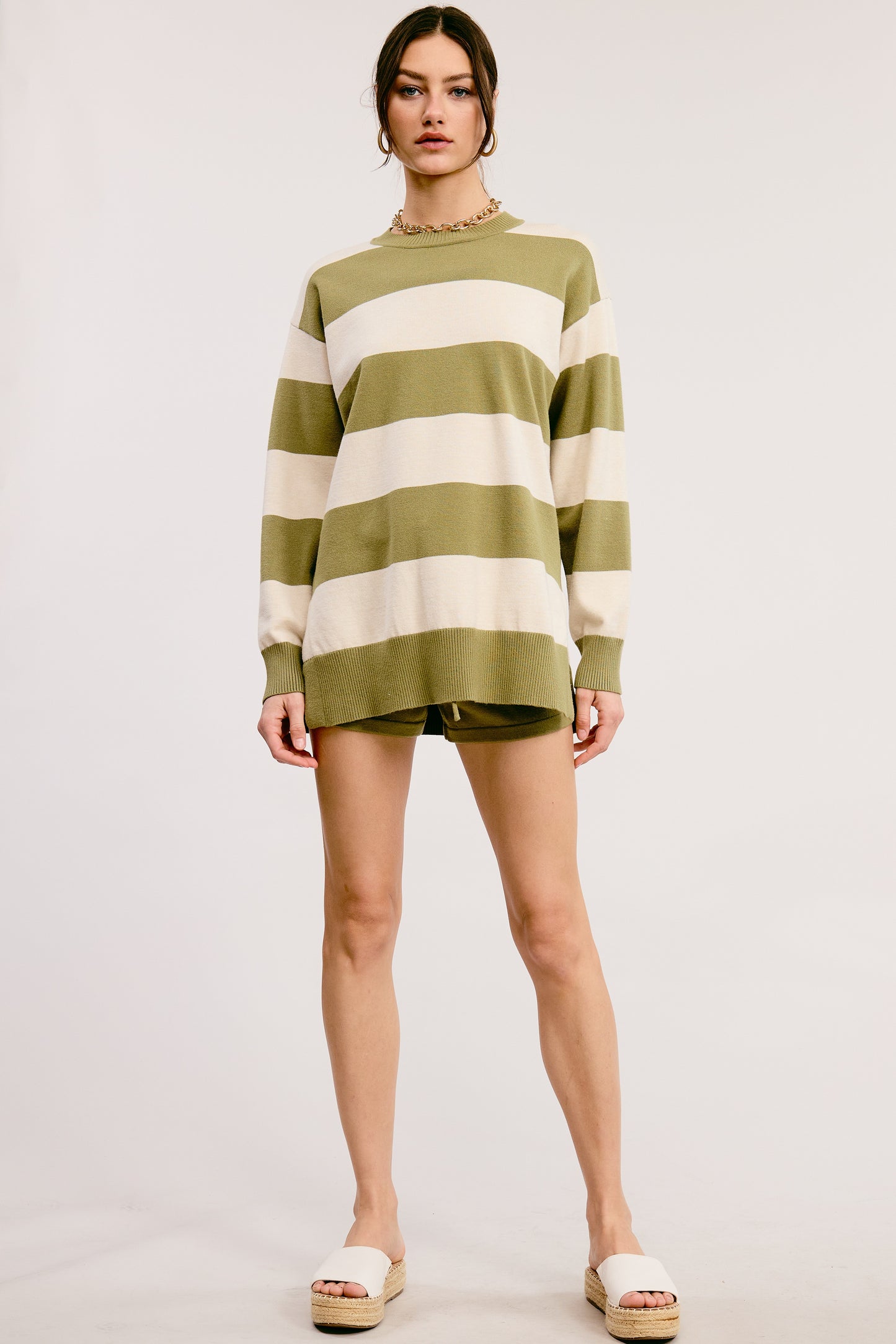 Striped Knit Sweater Shorts Matching Set