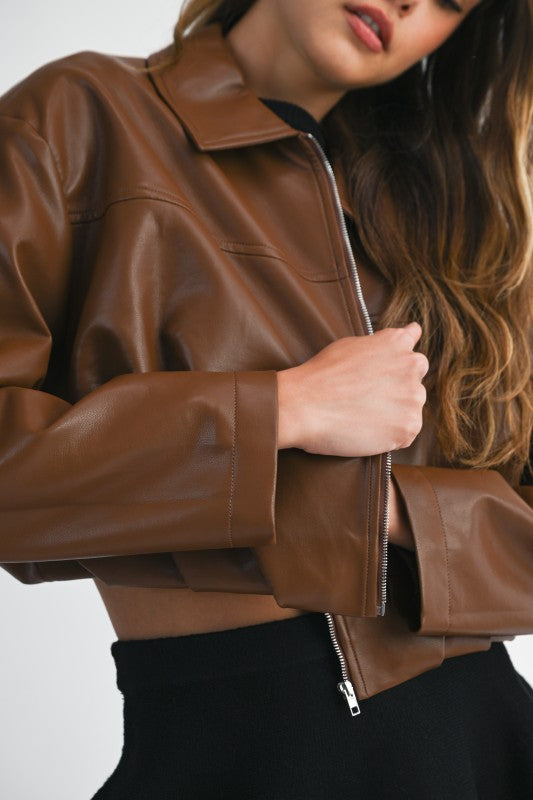 Faux Leather Bubble Hem Crop Jacket