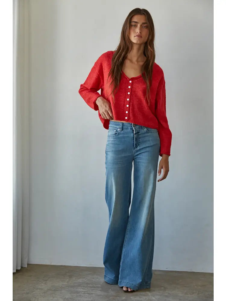Rolled V-Neck Long Sleeve Cardigan