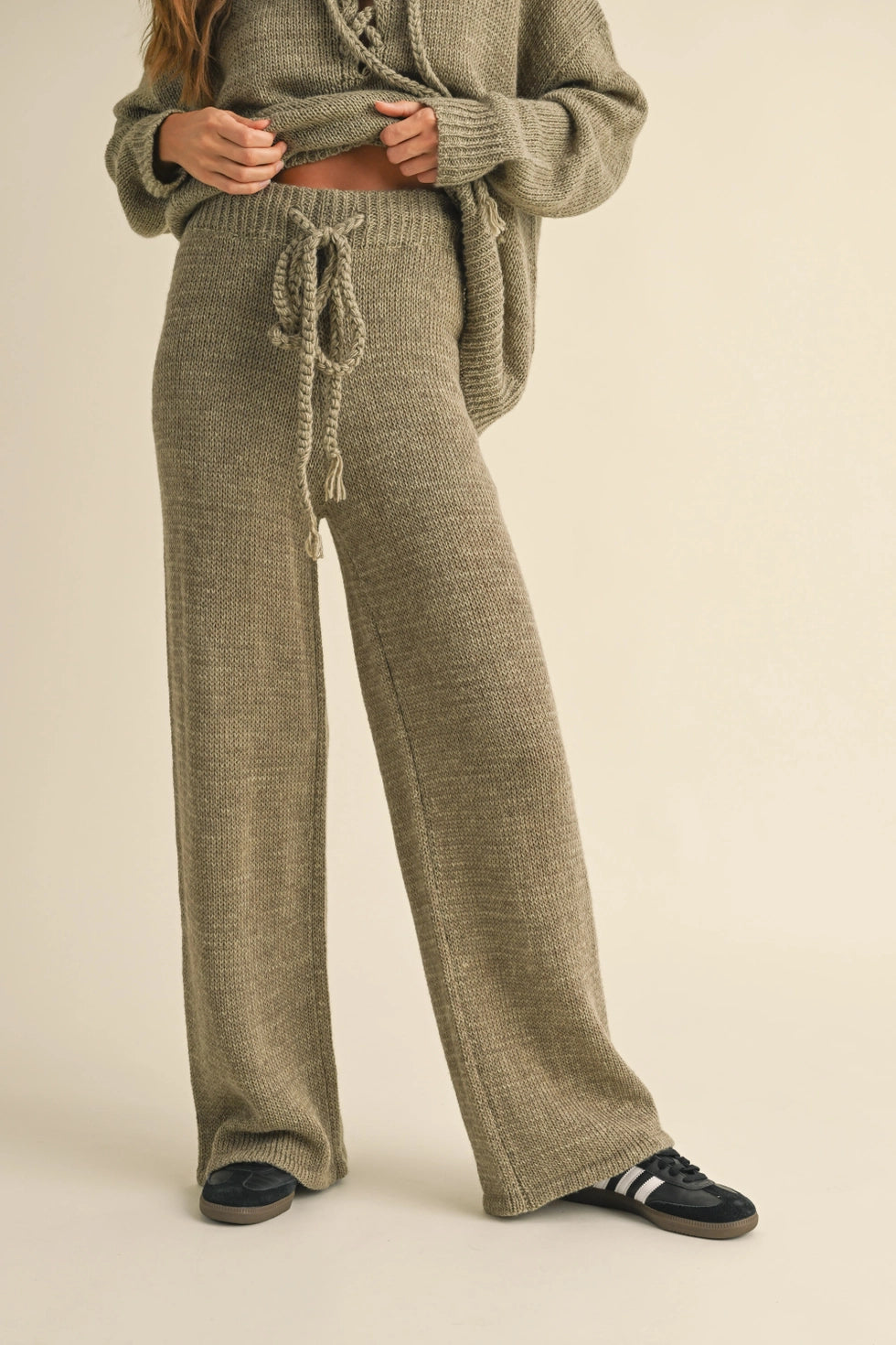 Lace-Up Front Sweater and Lined Knitted Pants Set
