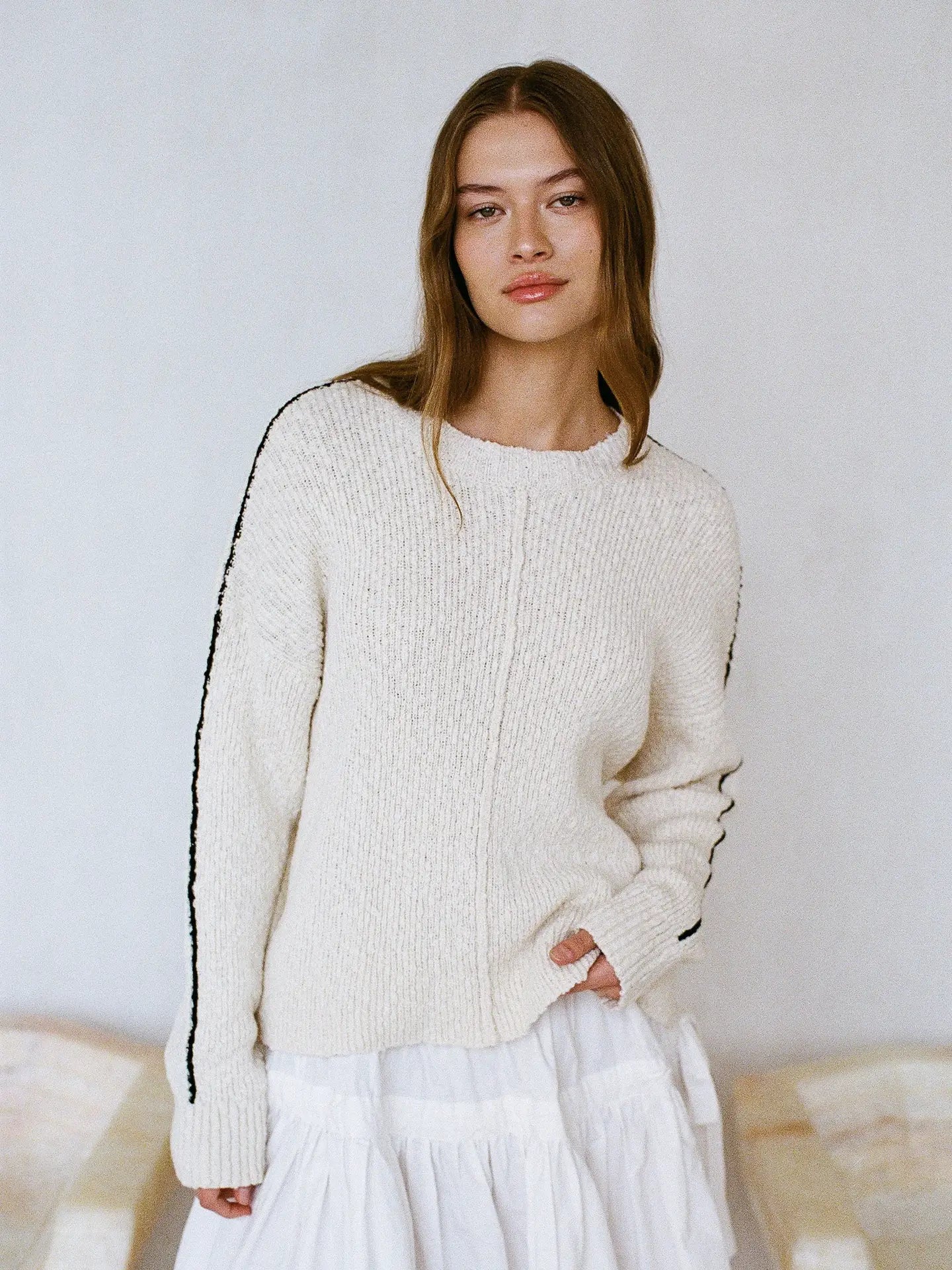 Long Sleeve Sweater - Ribbed Texture - Black stripe