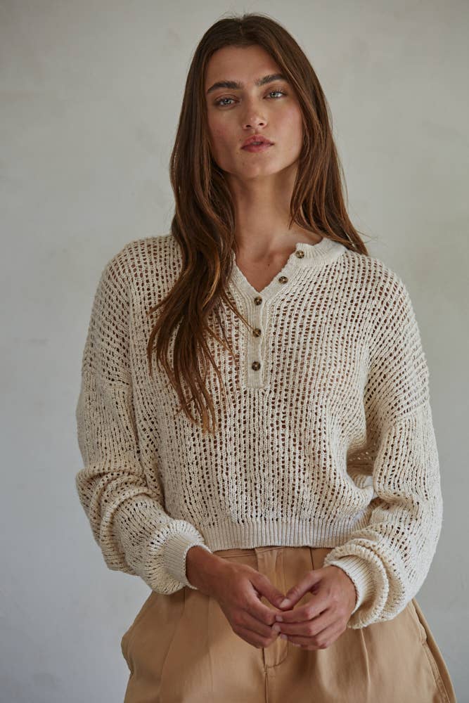 Knit Sweater Neck Henley See Through Pullover Top: Natural