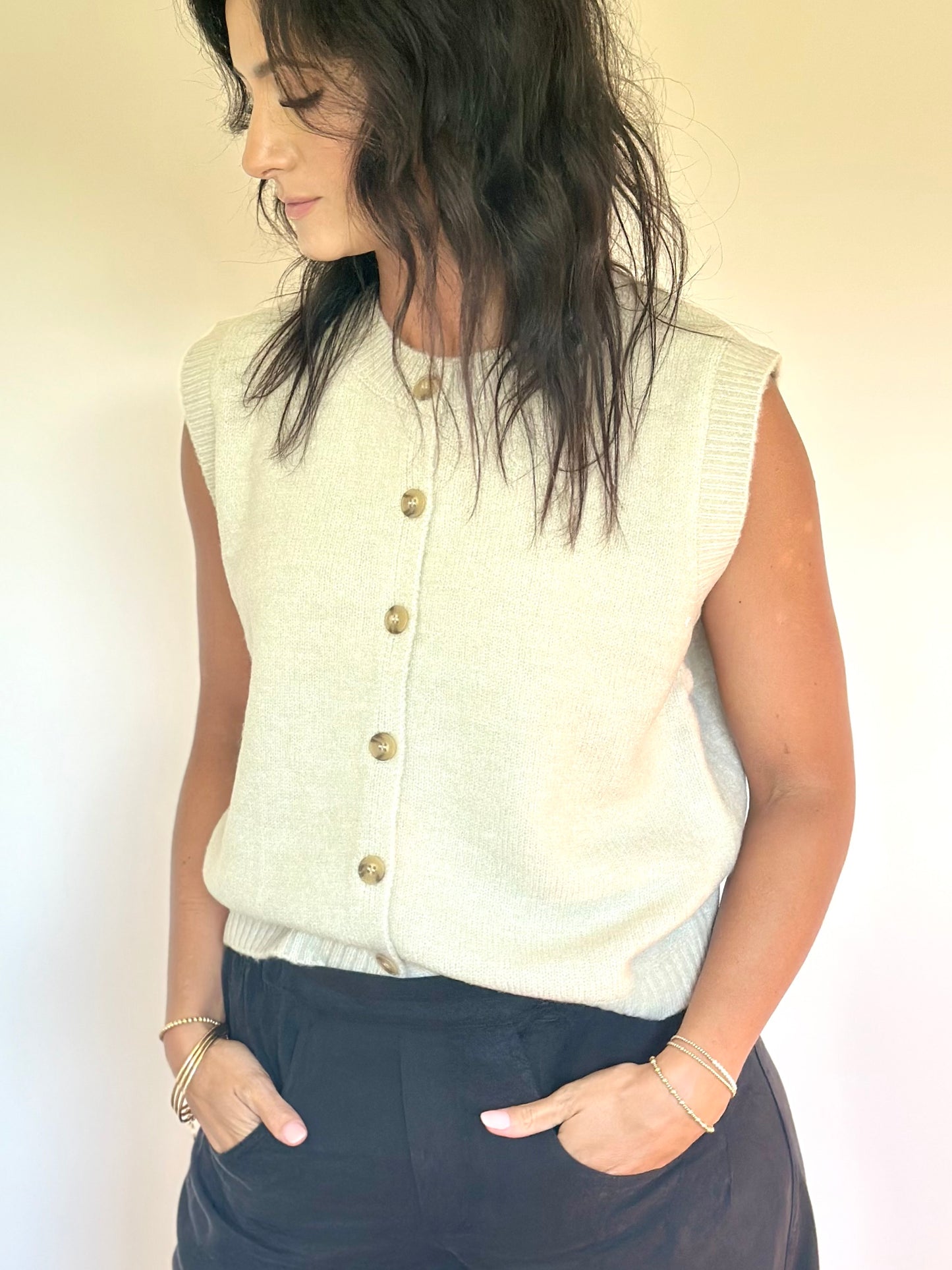 Knit Sweater Round Neck Button Down Vest