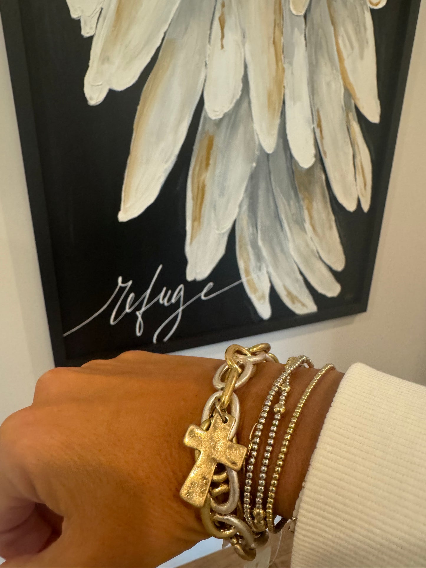 Stretch Bracelet with Cross - Mixed Metals