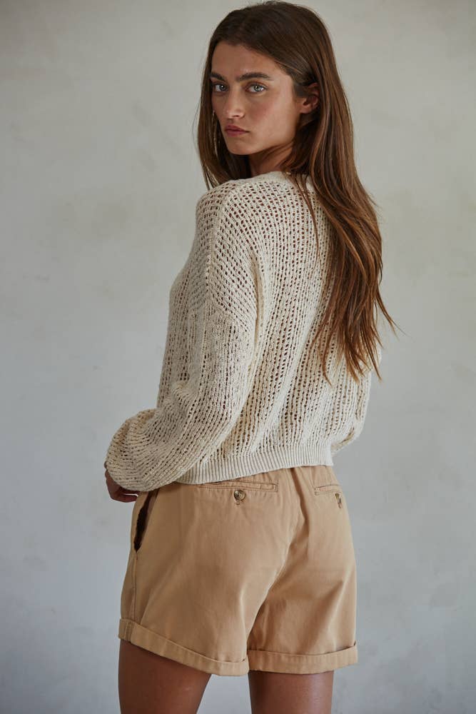 Knit Sweater Neck Henley See Through Pullover Top: Natural