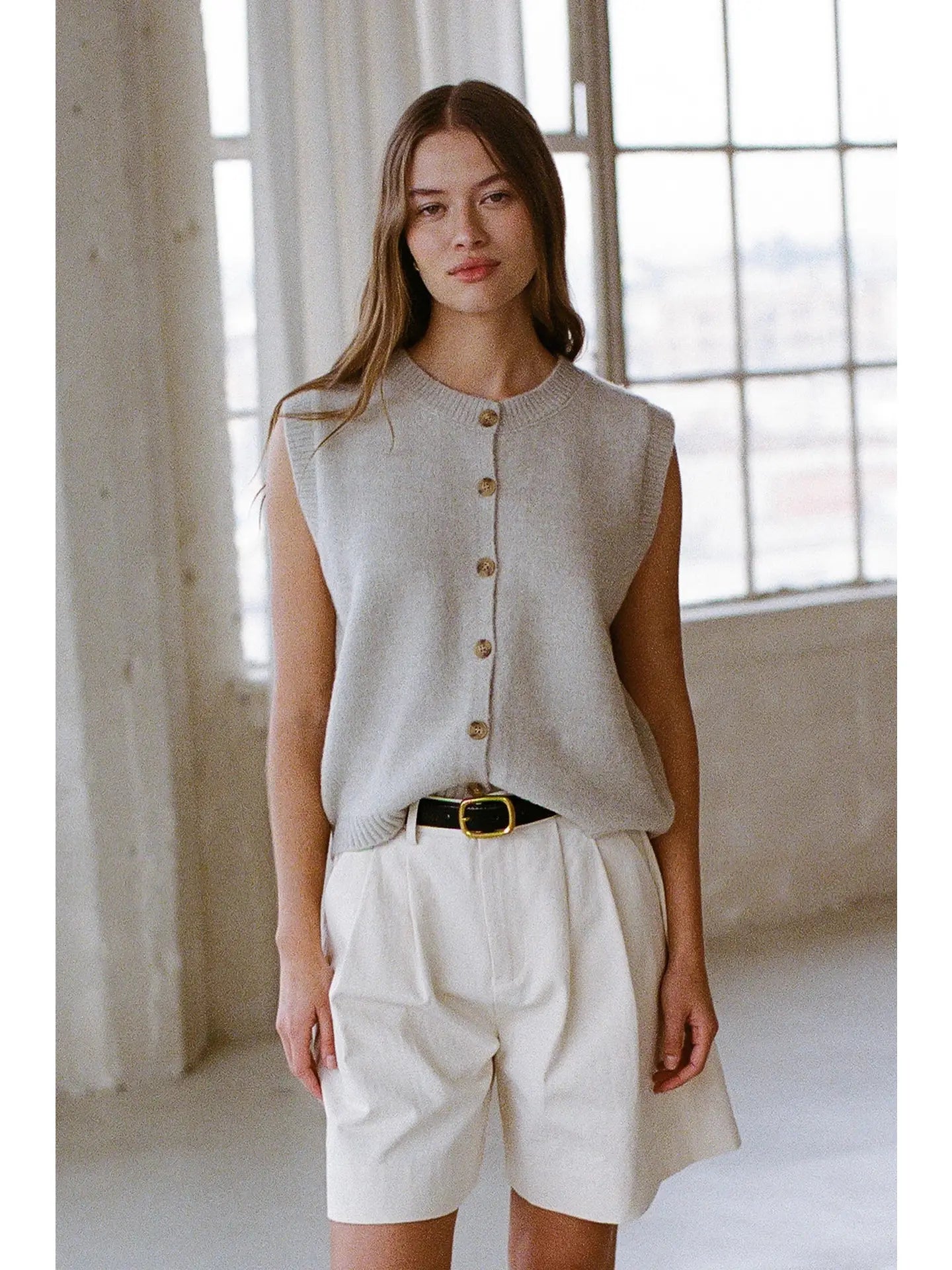 Knit Sweater Round Neck Button Down Vest