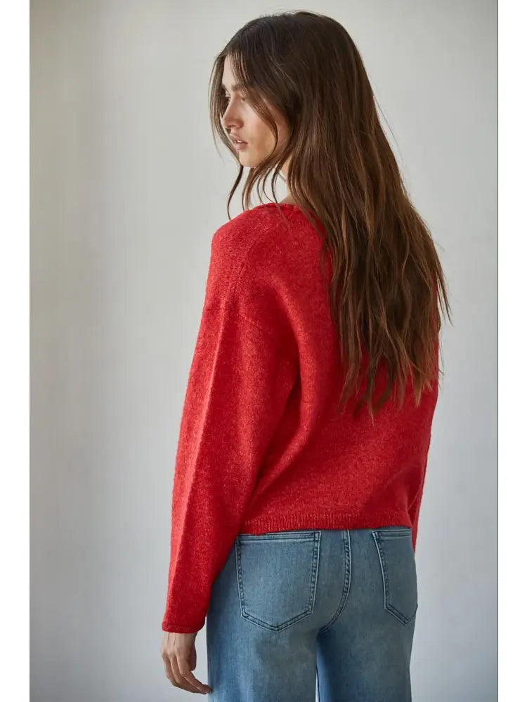 Rolled V-Neck Long Sleeve Cardigan