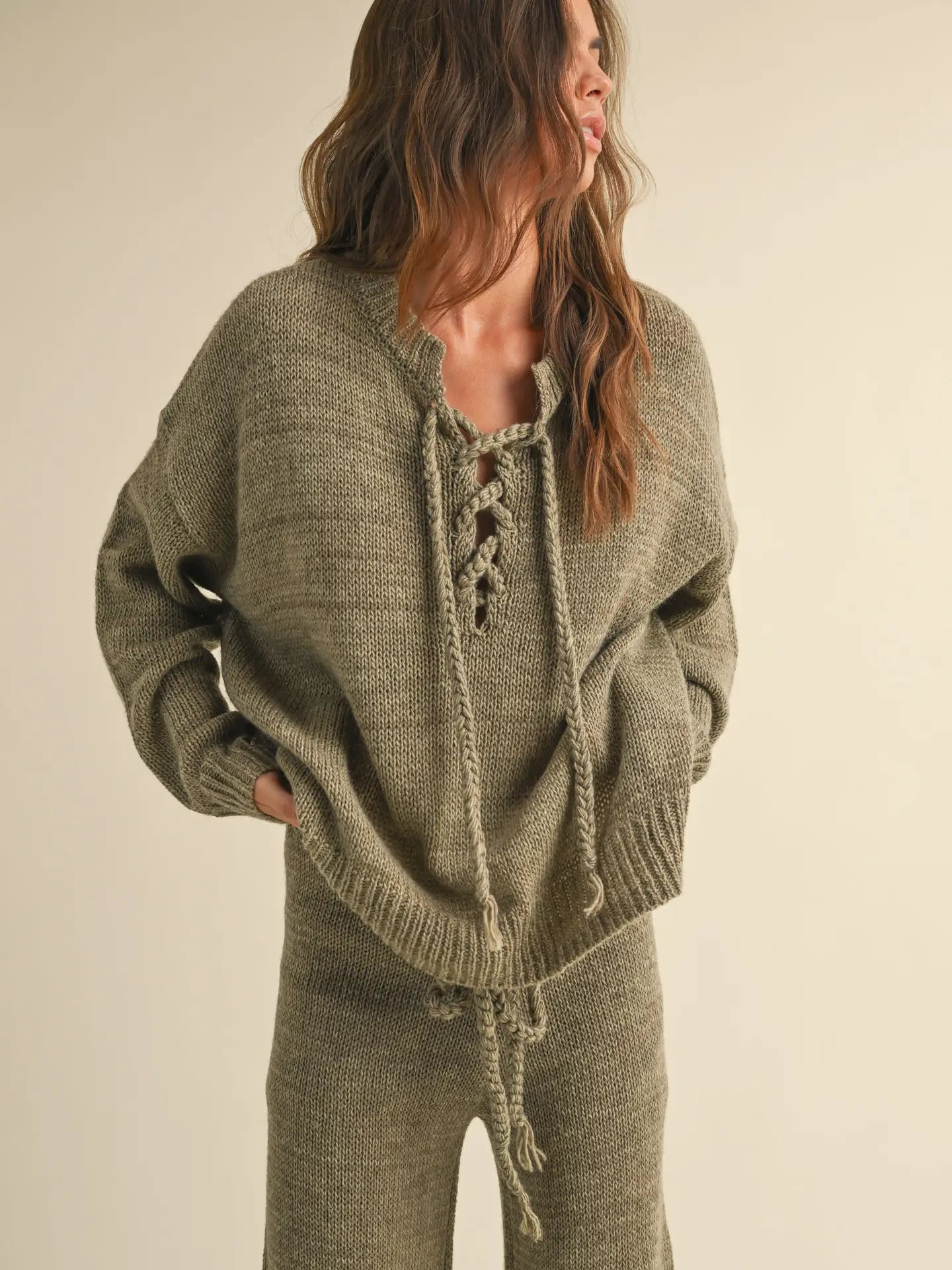 Lace-Up Front Sweater and Lined Knitted Pants Set