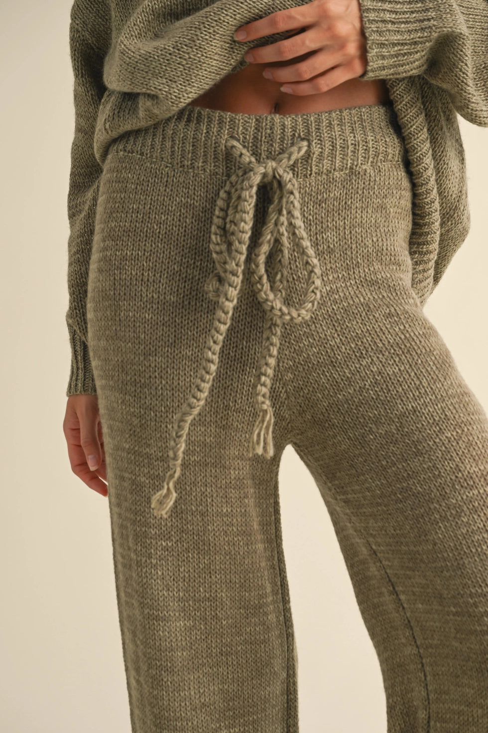 Lace-Up Front Sweater and Lined Knitted Pants Set