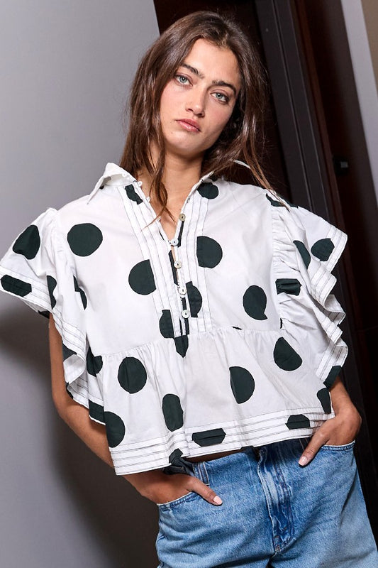 Ruffle Sleeves Pintuck Detail Polka Dot Top