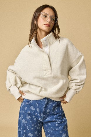 High Collar Half Button-up Relaxed Fit Pullover