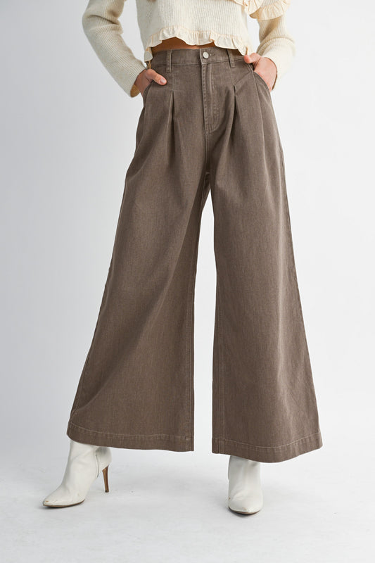 Pleated Wide Leg Washed Colored Jeans