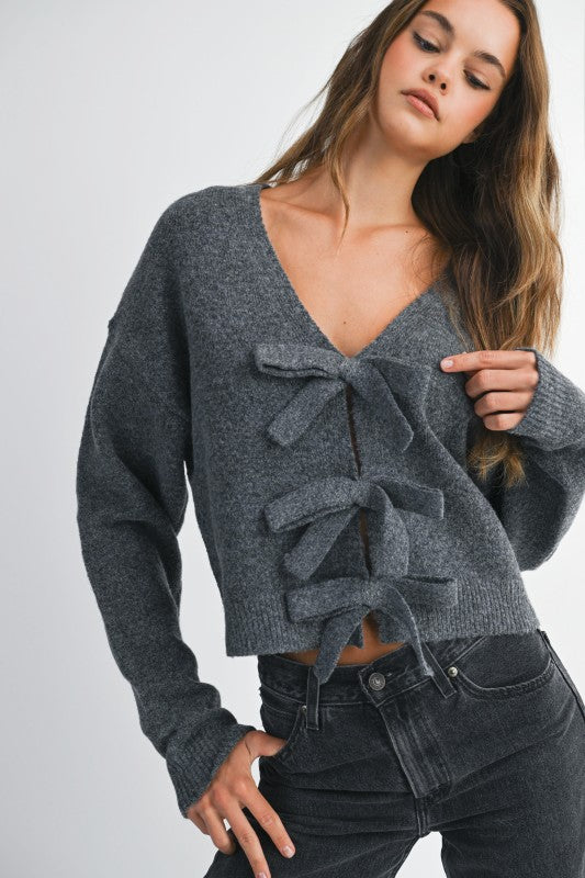 Ribbon Bow Knit Sweater  - Switchable Front or Back Bows