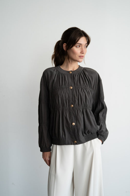 ELASTIC PIPING BLOUSON JACKET: Black