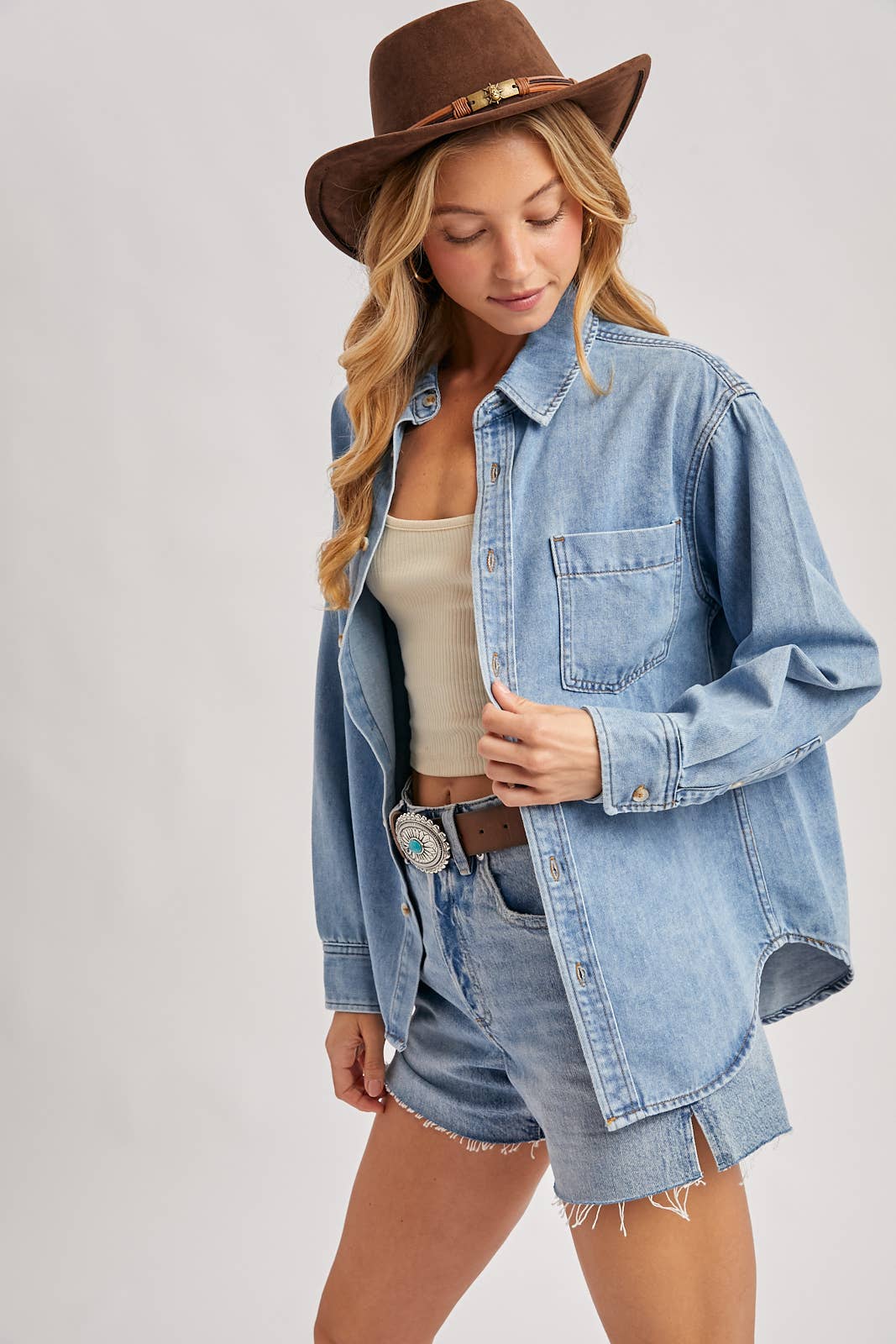 DENIM BUTTON DOWN SHIRT: LT.WASH
