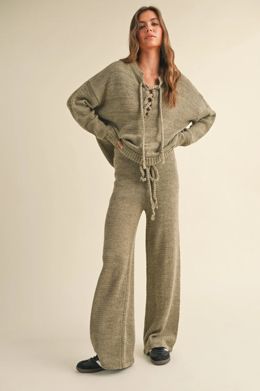 Lace-Up Front Sweater and Lined Knitted Pants Set
