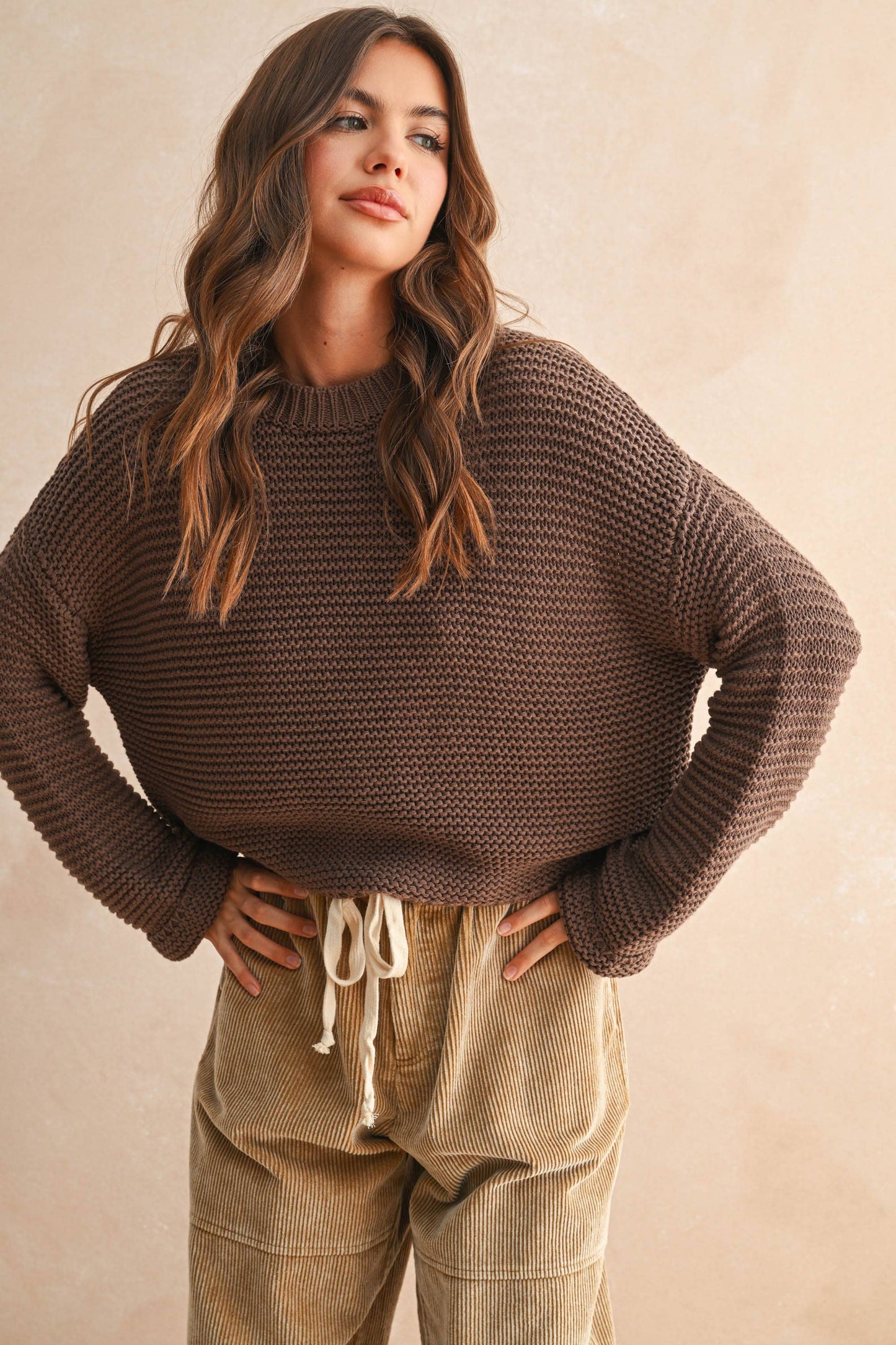 ROUND NECK SWEATER KNITTED TOP: CREAM