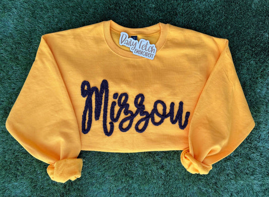 Mizzou Yarn Embroidered Sweatshirt: Gold