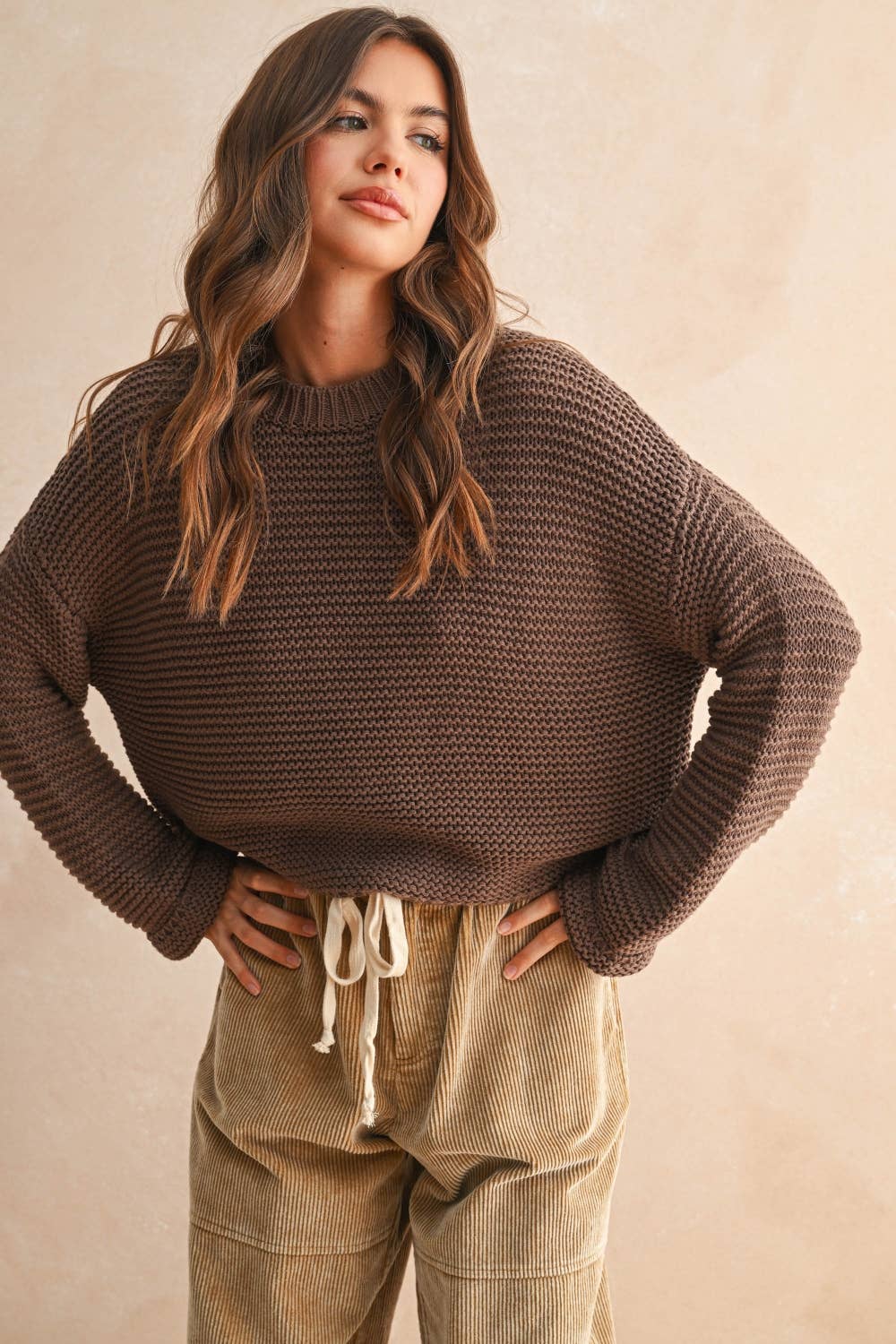 ROUND NECK SWEATER KNITTED TOP: CHOCOLATE