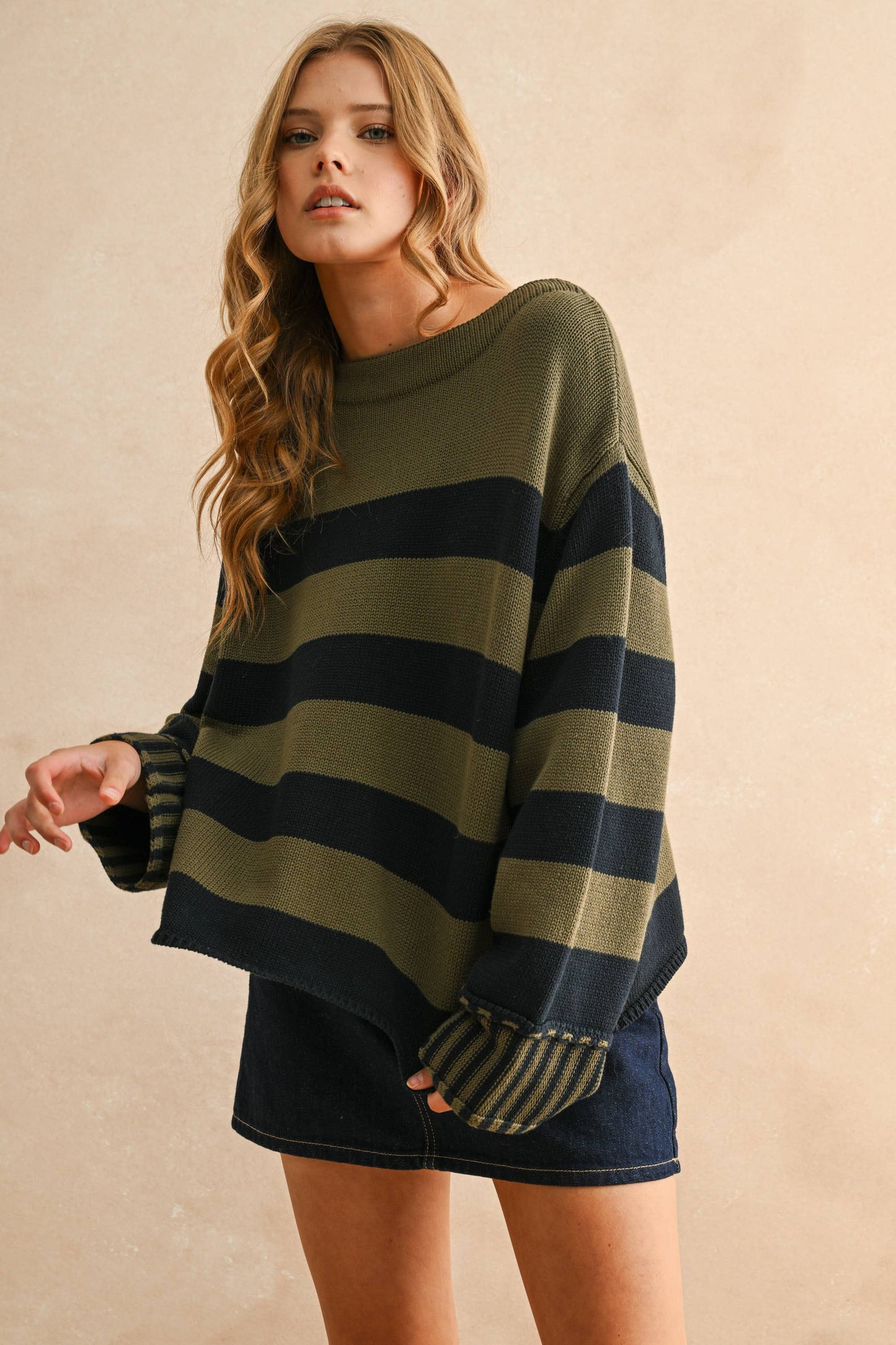 STRIPED SWEATER: NAVY/OLIVE