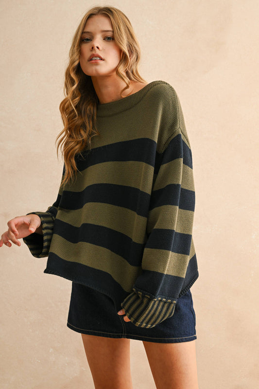 STRIPED SWEATER: NAVY/OLIVE