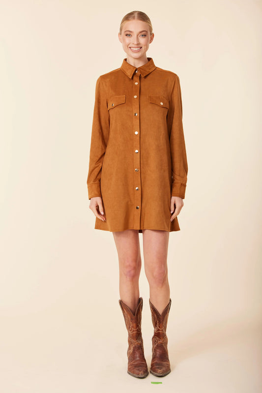 FAUX SUEDE LONG SLEEVE DRESS: Burnt Orange