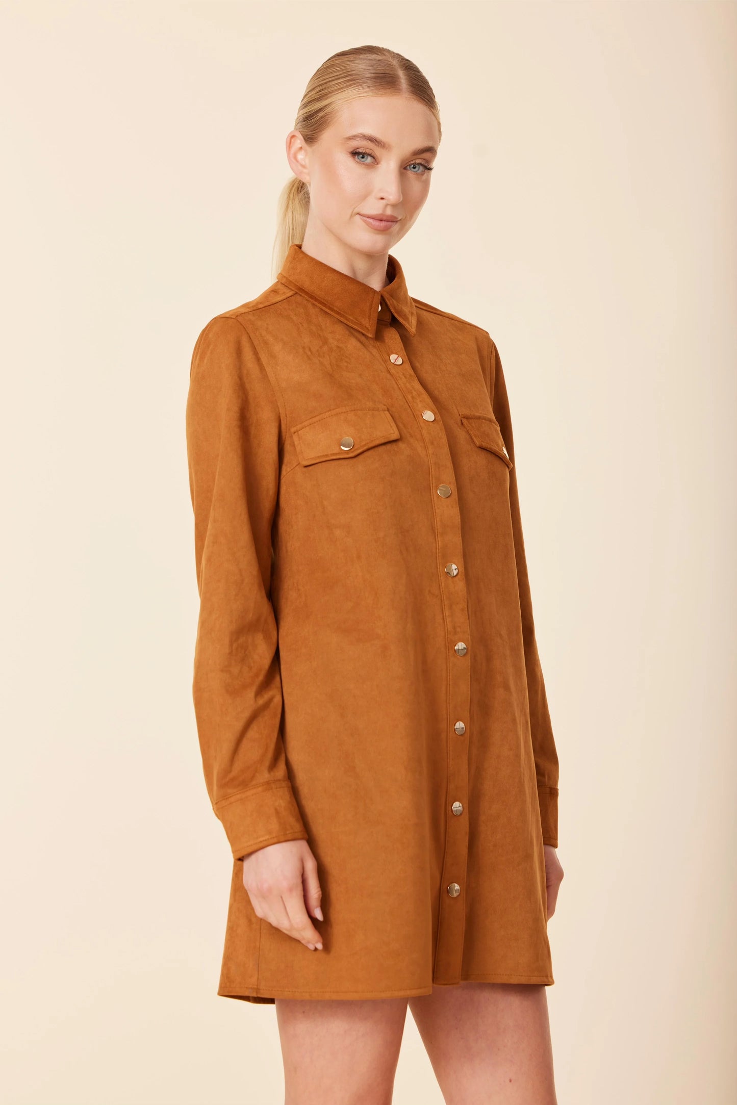 FAUX SUEDE LONG SLEEVE DRESS: Burnt Orange