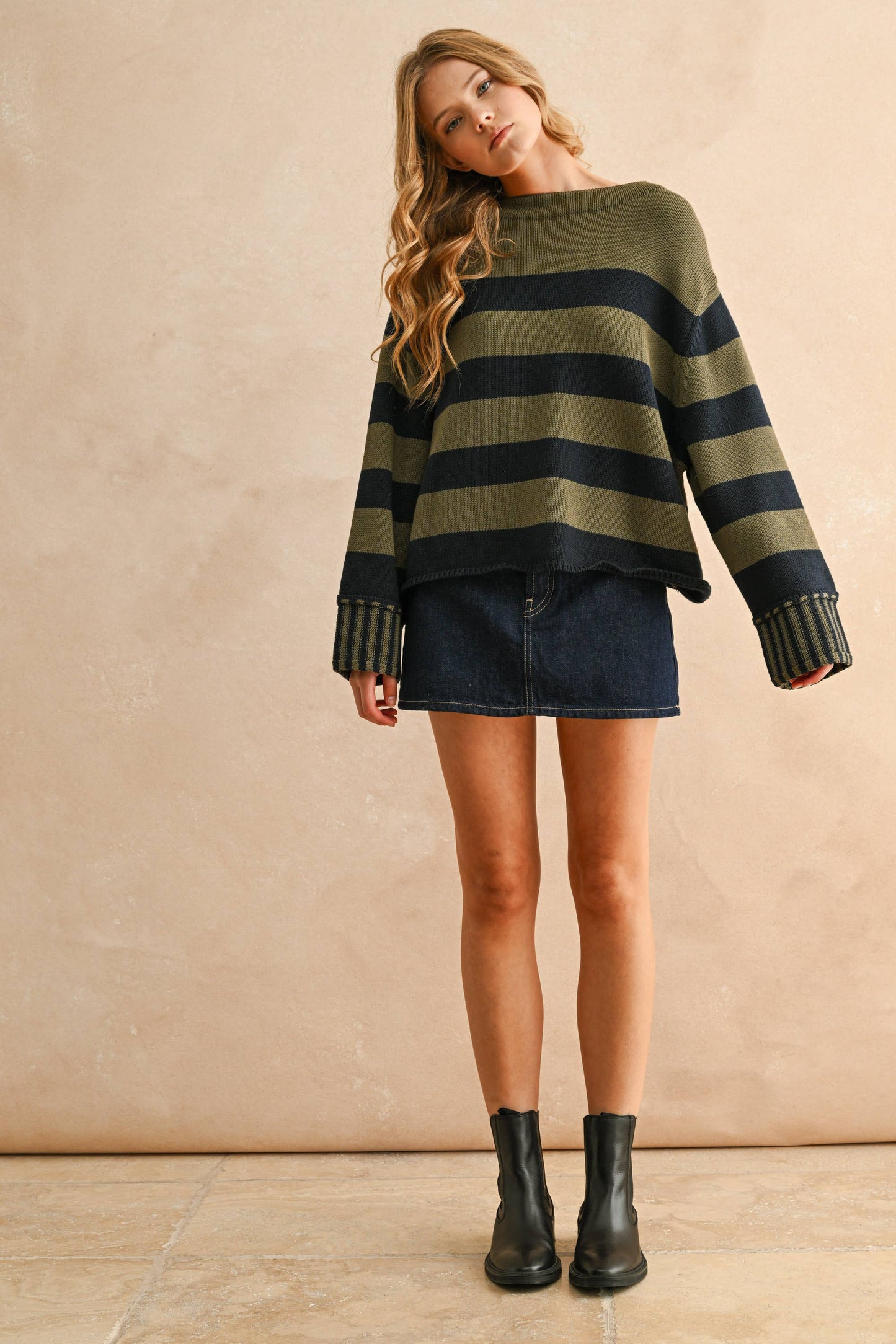 STRIPED SWEATER: NAVY/OLIVE