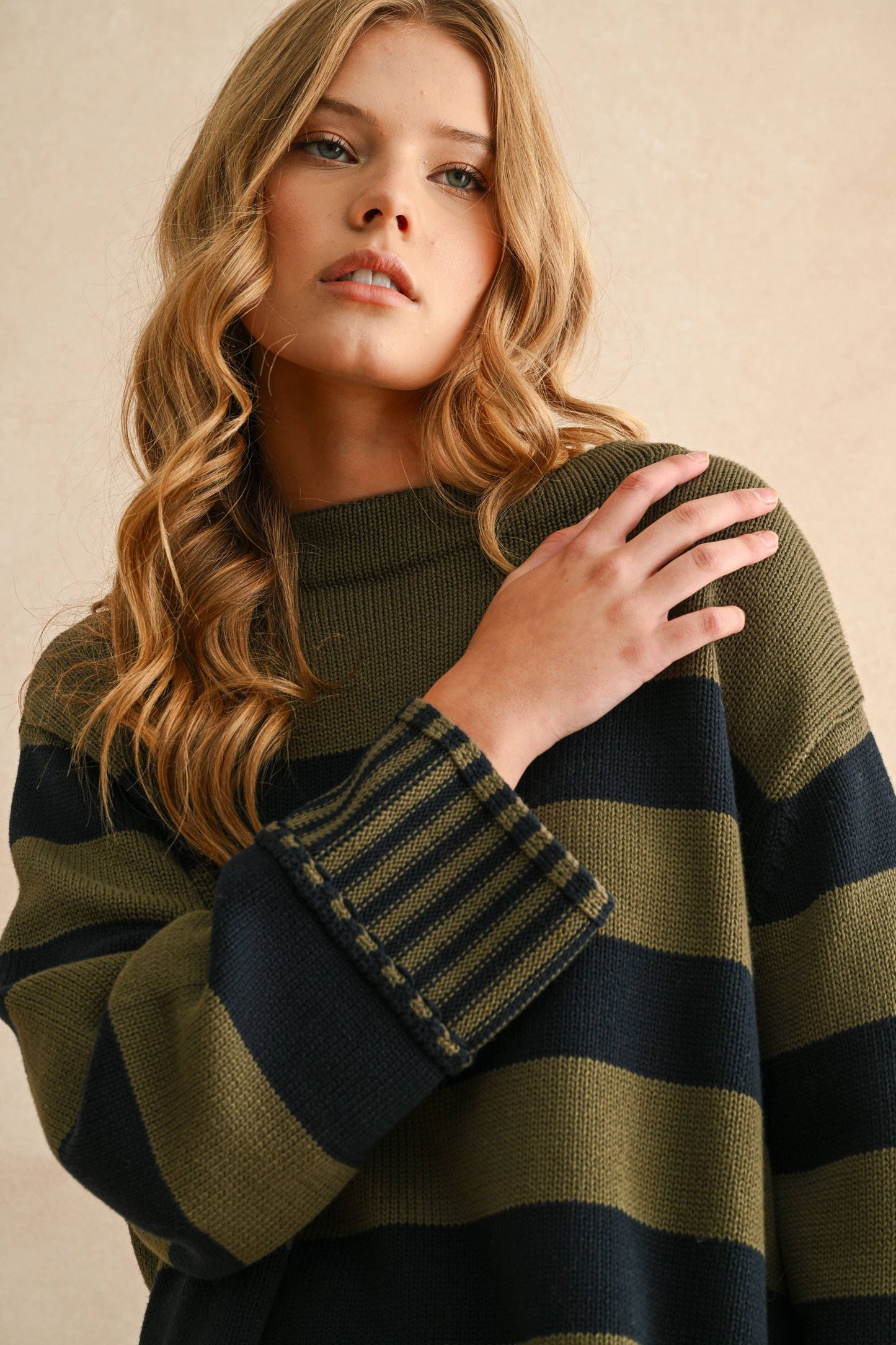 STRIPED SWEATER: NAVY/OLIVE