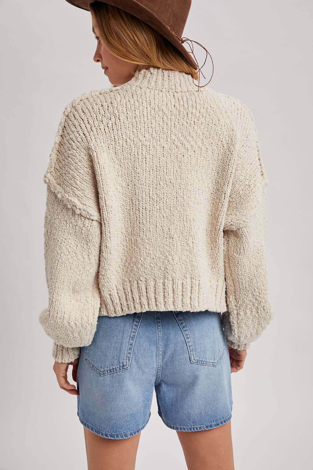 CROPPED POPCORN KNIT SWEATER CARDIGAN: SHELL