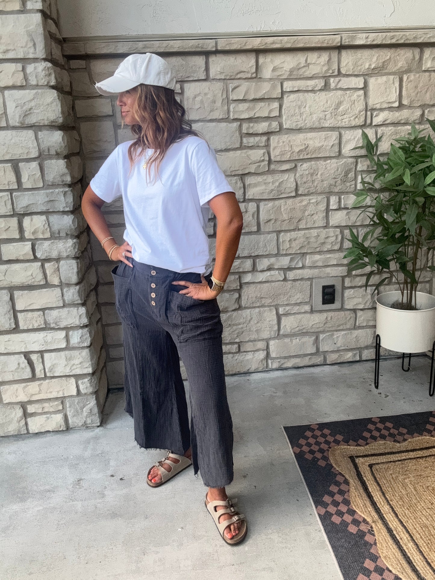Mineral Washed Fray Hem Wide Pants