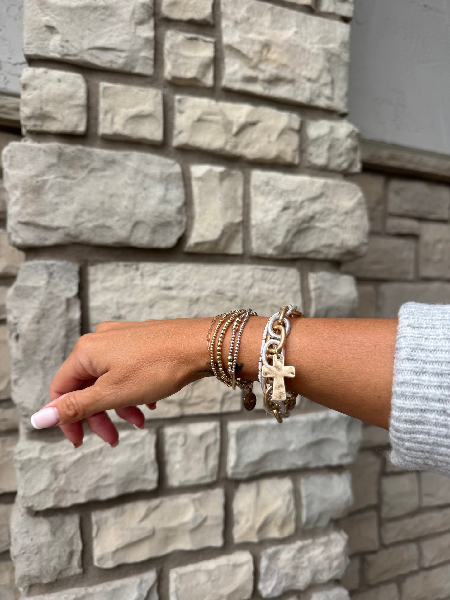 Stretch Bracelet with Cross - Mixed Metals