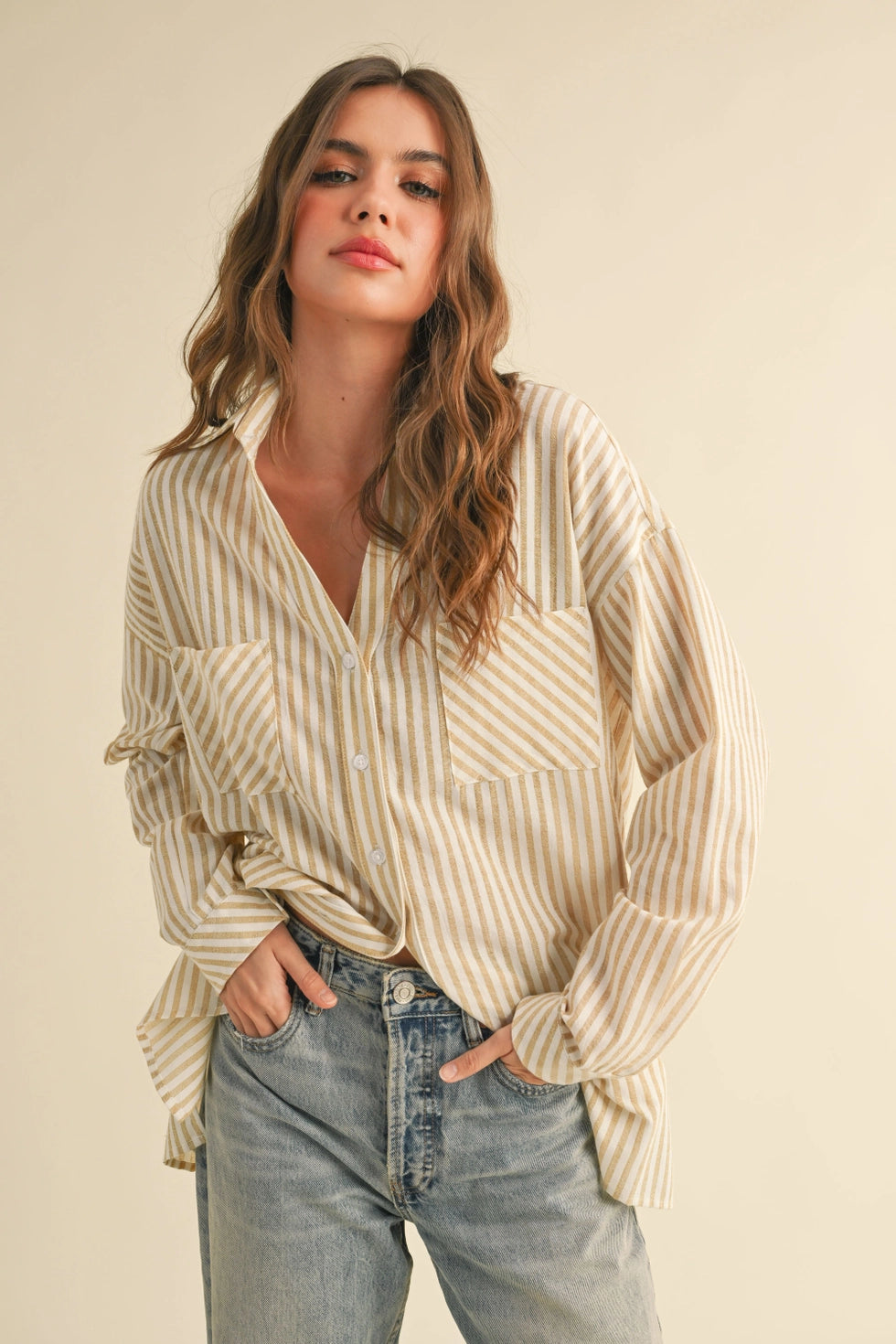 Mustard Striped Pattern Button Down Shirts