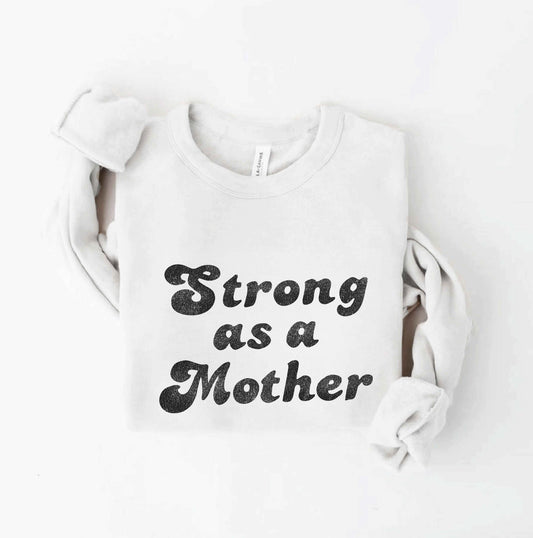 White baby onesie with 'Strong as a Mother' text on a white background