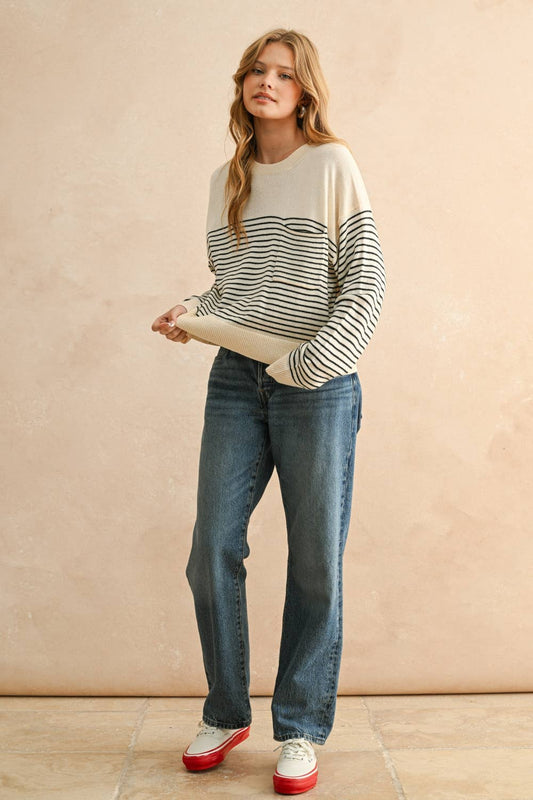 STRIPE PATTERN SWEATER KNITTED TOP: CREAM/BLACK