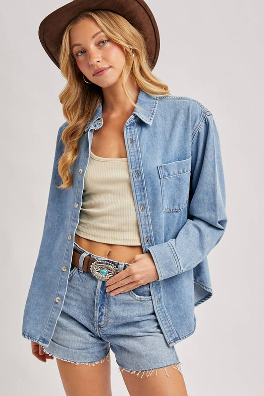 DENIM BUTTON DOWN SHIRT: LT.WASH