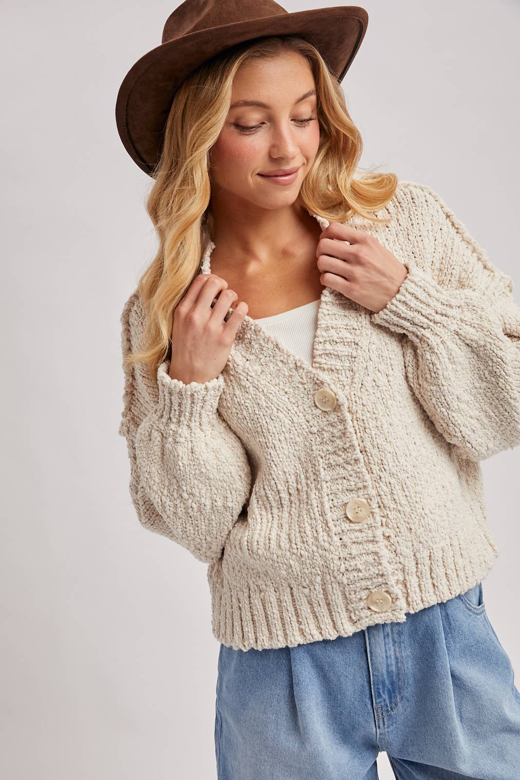 CROPPED POPCORN KNIT SWEATER CARDIGAN: SHELL