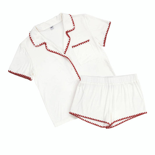 Bamboo PJ Set - White + Burgundy Whip Stitch