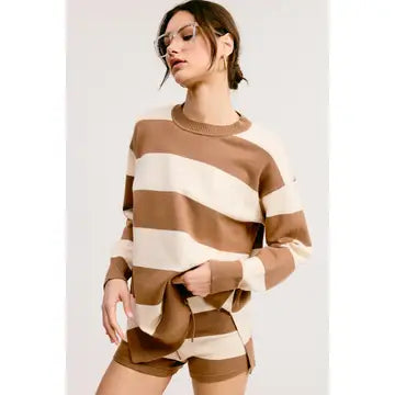 Stripe Knit Sweater and Shorts Matching Set