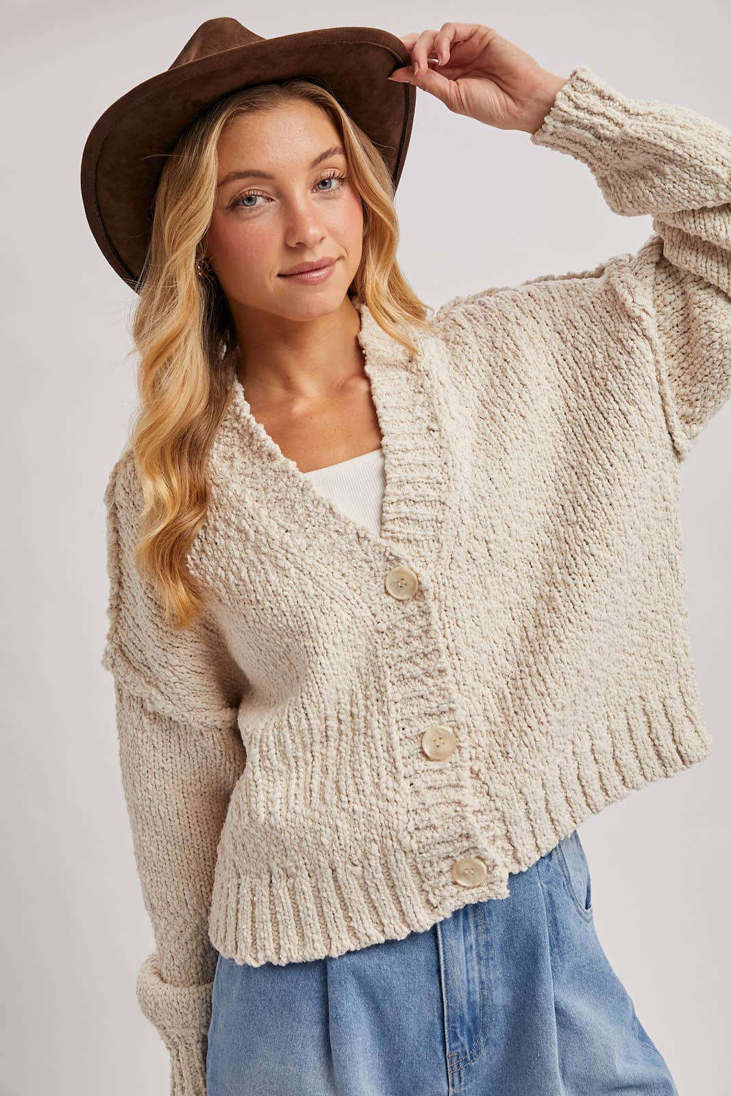 CROPPED POPCORN KNIT SWEATER CARDIGAN: SHELL